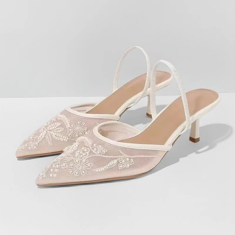 Sandalias de Tacón Alto con Malla y Bordado de Tejido y Caucho, Diseño en Punta, para Verano
