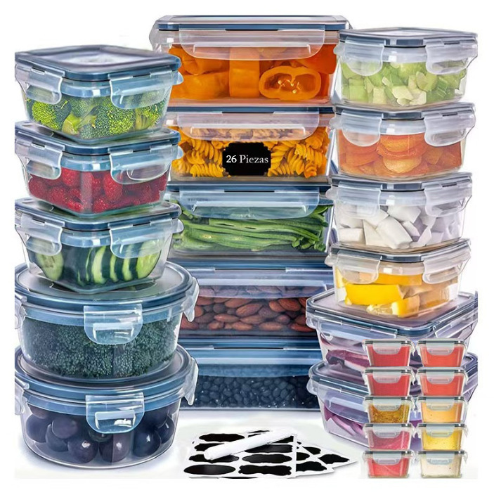 Transfronterizo 26 piezas de paquete de almacenamiento sellado caja de almacenamiento de plástico contenedor de refrigerador con cubierta caja de almacenamiento transparente a prueba de fugas