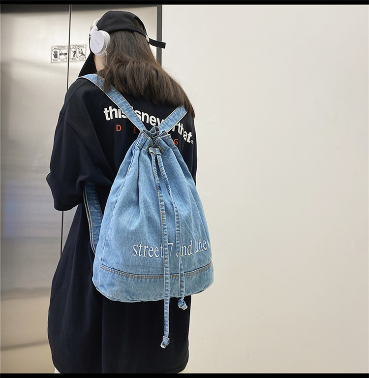 Korean Style Solid Color Denim Lace-up Backpack 28*13*37cm display picture 9
