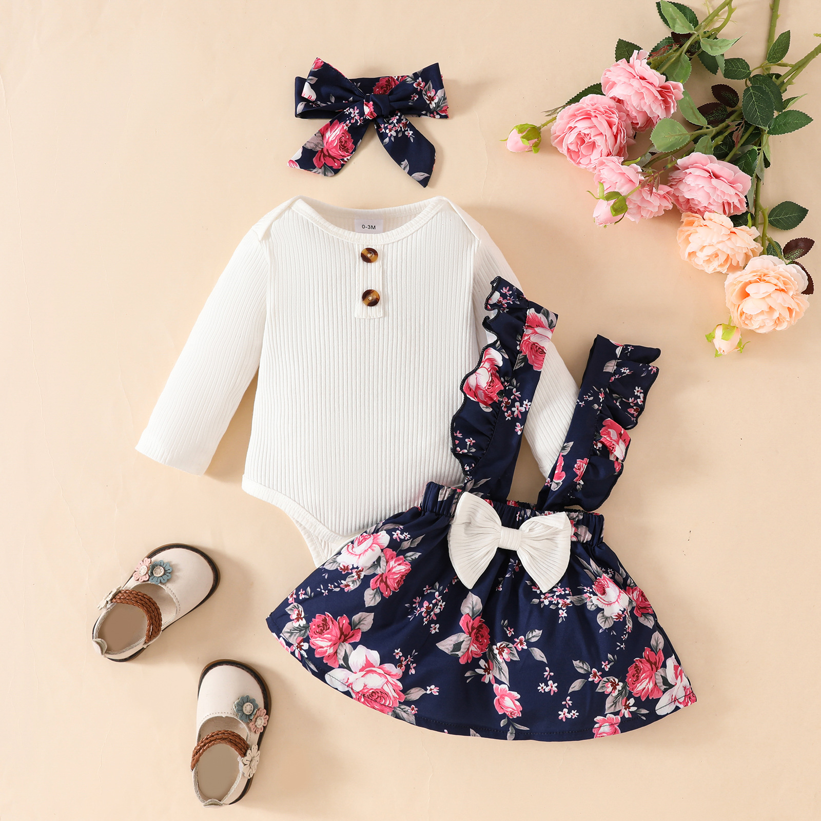 Comercio exterior para bebés y niños pequeños, mamela triangular de manga larga, mono, falda con tirantes con lazo, falda con traje de flores de plantas europeas y americanas