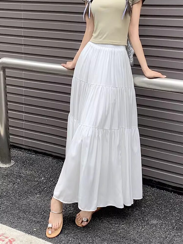 跨境显瘦修身休闲A字高腰半身裙女法式百搭纯色气质风褶皱长裙子|undefined