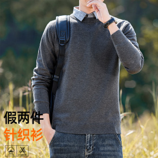 Light Business Men's Knitted Shirt Fake Two-piece Sweater 2024 Fall/Winter Shirt Collar fleece-lined Warm Round Neck Base Sweater