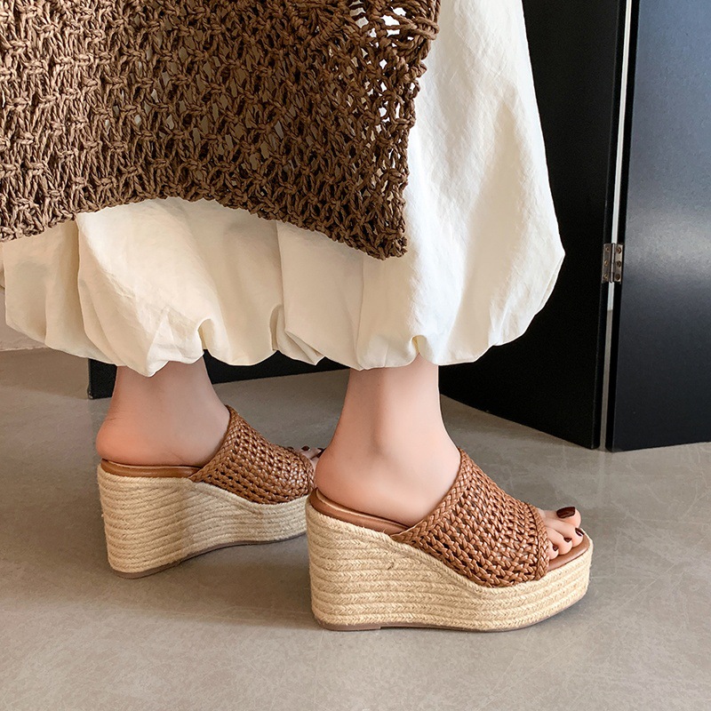 Dép sandal nữ đế xuồng cao gót mũi vuông phong cách boho — nâu, đen, trắng chi tiết 15