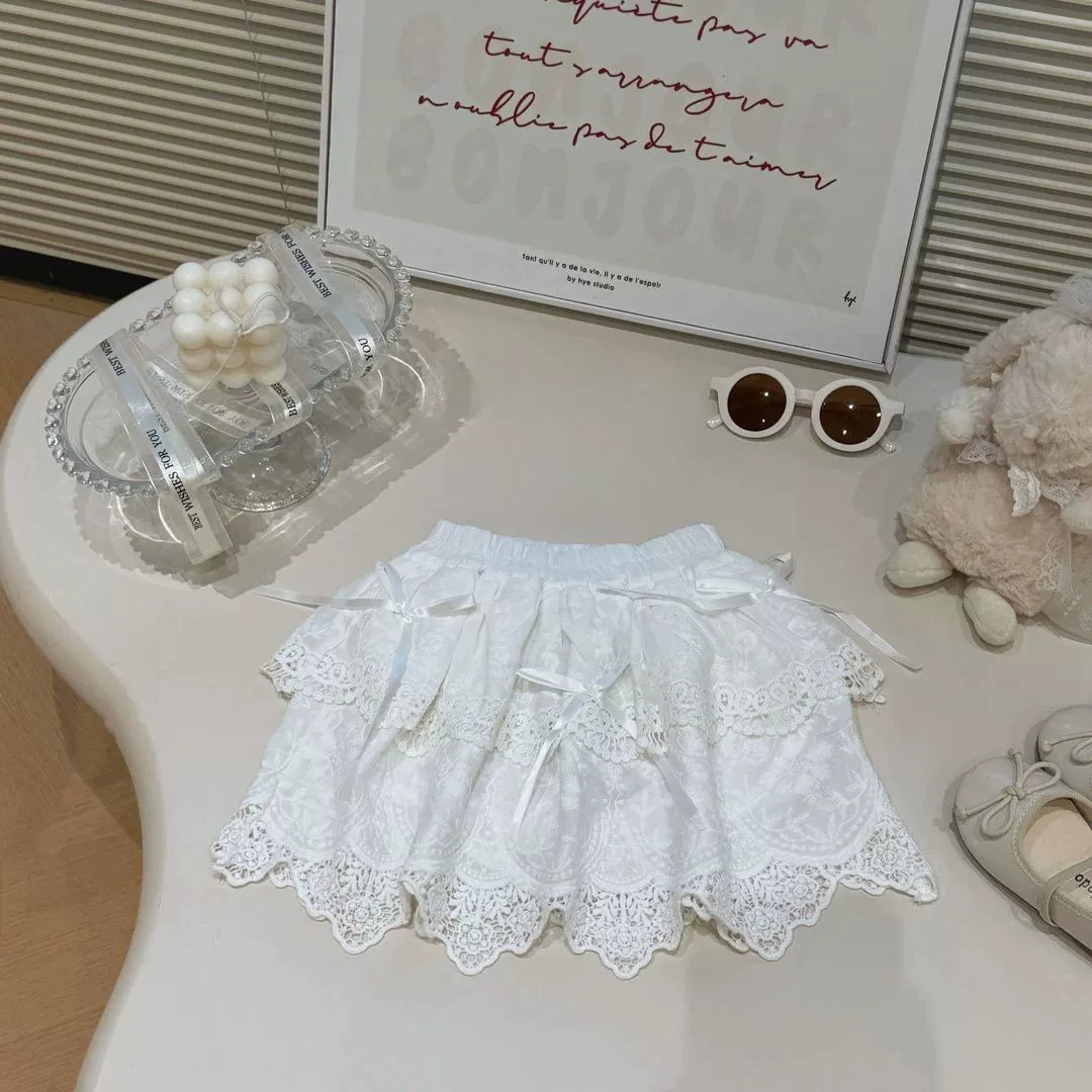 Niñas de verano blanco delgado vestido de pastel de algodón primavera y verano nuevo niño encaje de malla falda de hadas falda corta