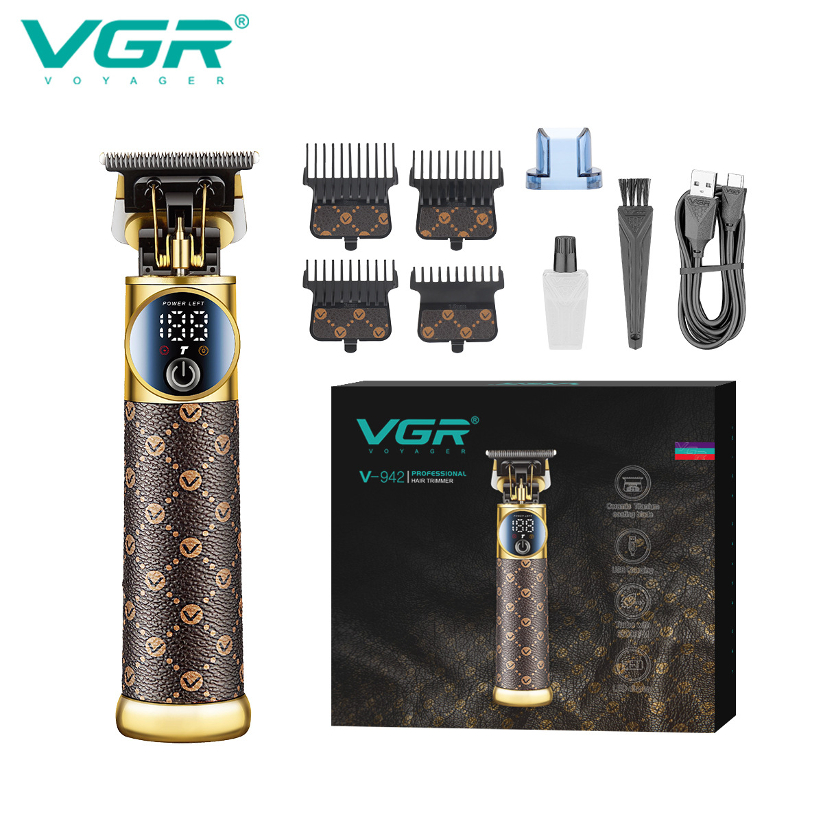 VGR942 Electric Hair Clipper for Men Leather And Metal Body LCD Digital Display Engraved Cross Border New_voghion.com