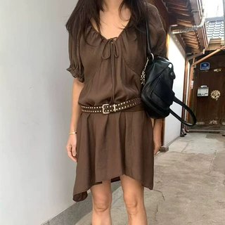 现货韩系2026夏季新款高级感慵懒系带V领美拉德连衣裙短裙女夏