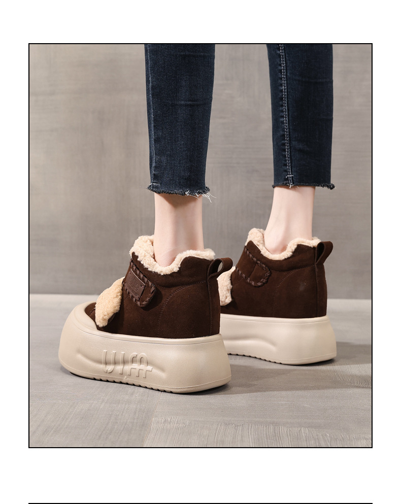 Giày boot nữ cổ cao lót lông cừu đế dày tăng chiều cao, dán Velcro — màu đen chi tiết 15