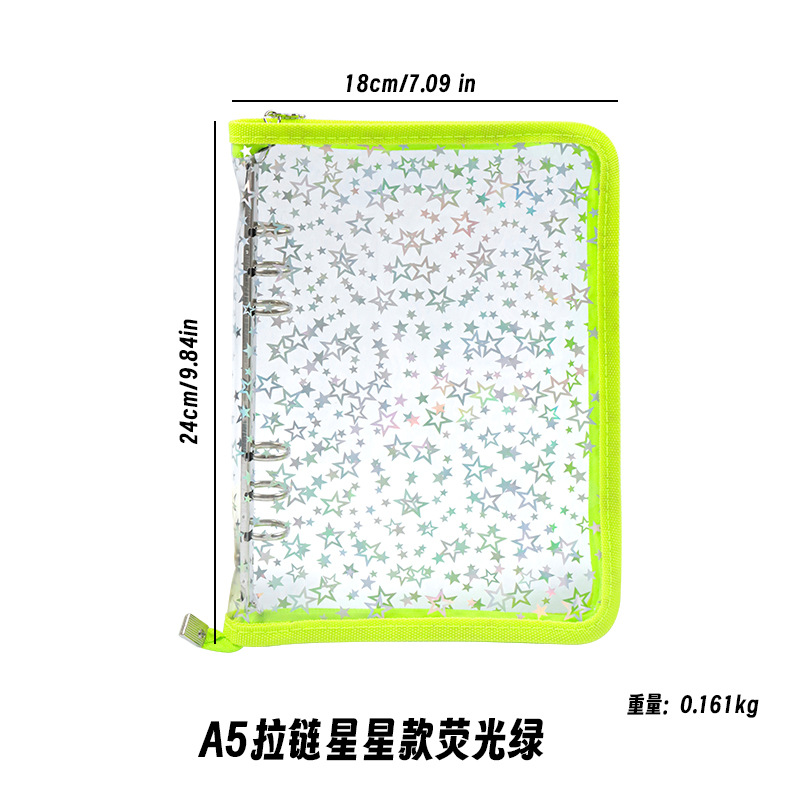 Corea del Sur De allí plana transparente brillo de la cremallera de 6 agujeros de hojas sueltas cuaderno ins estrella persiguiendo Diario A5A6