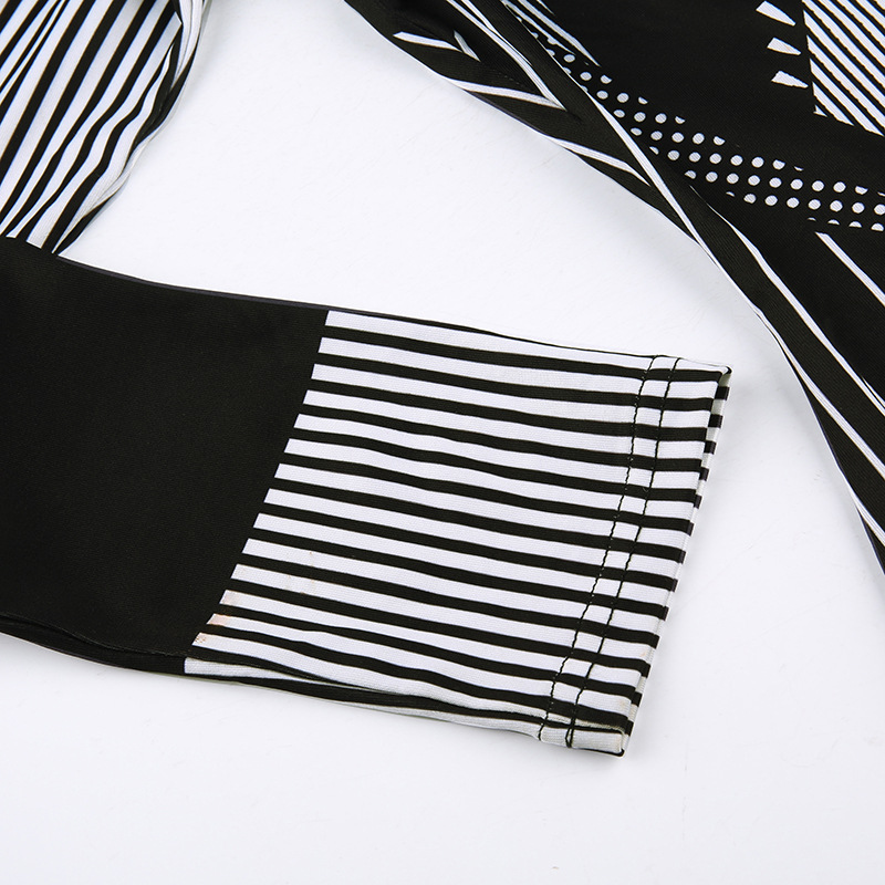 Fashion Stripe High Neck Long Sleeve Printing Zipper Spandex Polyester Above Knee Sheath Dress