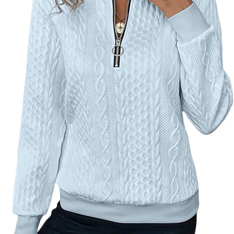 2026 European and American Style Quilted Sweatshirt with Zipper Collar, Long Sleeves, Textured Solid Color, Casual Loose Fashion for Autumn
