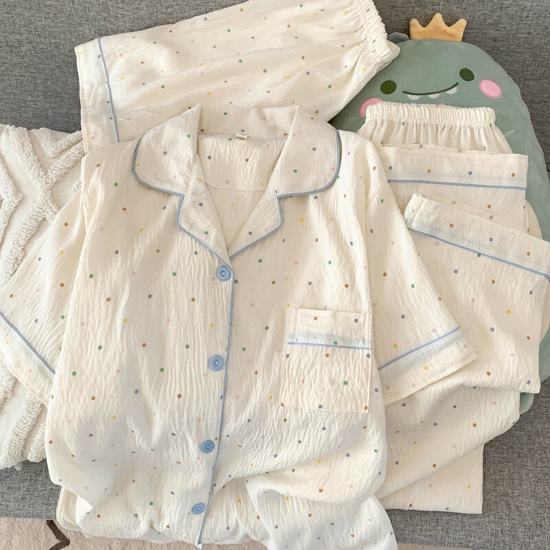 Milky Pajamas Women's Spring and Summer Clouds Pure Cotton Silk Cotton Yarn Short Sleeves Cute Large Size Loose Home Clothes Three-Piece Set