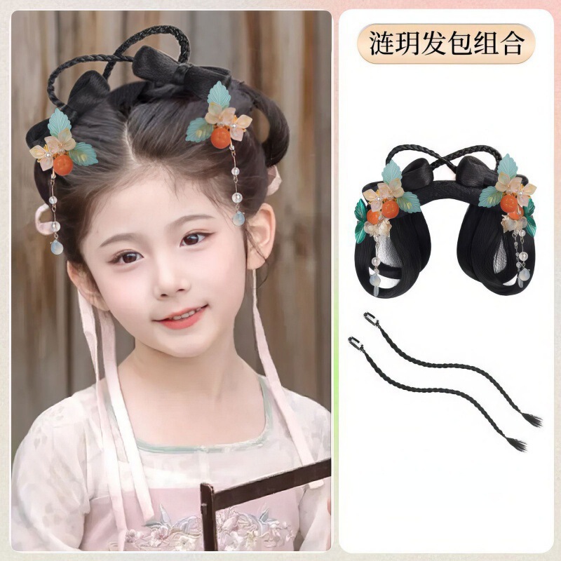 子供用古代衣装ヘアピース、かわいい女の子用漢服風ヘアピースセット、シンプルで多用途な古代風おだんごヘアバッグ|undefined