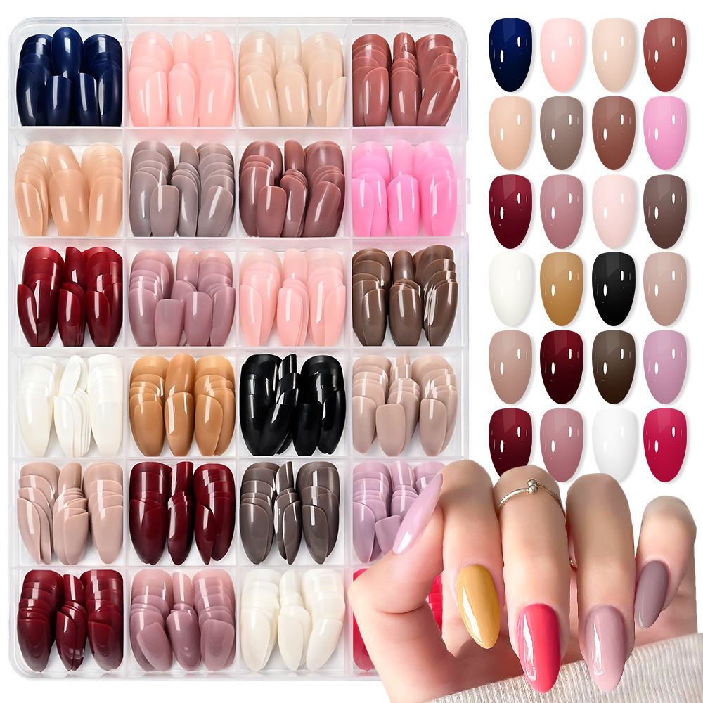 24-Compartment Box of Colorful Nail Tips, 576 Pieces, Simple Ins-Style Multi-Color Medium and Short Wear-On Nails, Solid Color Nail Tips