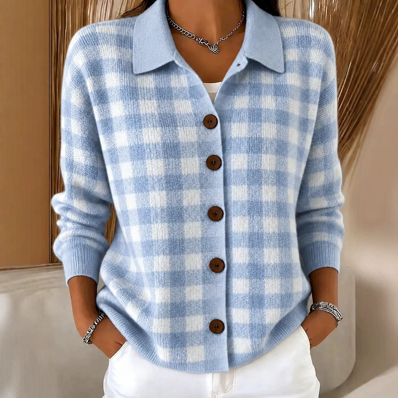 Amazon 2026 European and American cross-border autumn and winter new women's loose versatile plaid long-sleeve turn-down collar cardigan sweater Amazon 2026 European and American cross-border autumn and winter new women's loose versatile plaid long-sleeve turn-down collar cardigan sweater