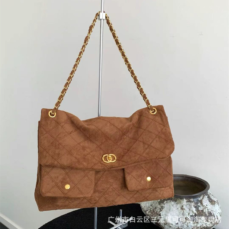 小香风菱格麂皮磨砂绒链条中古包2025新款大容量多口袋斜挎腋下包|undefined