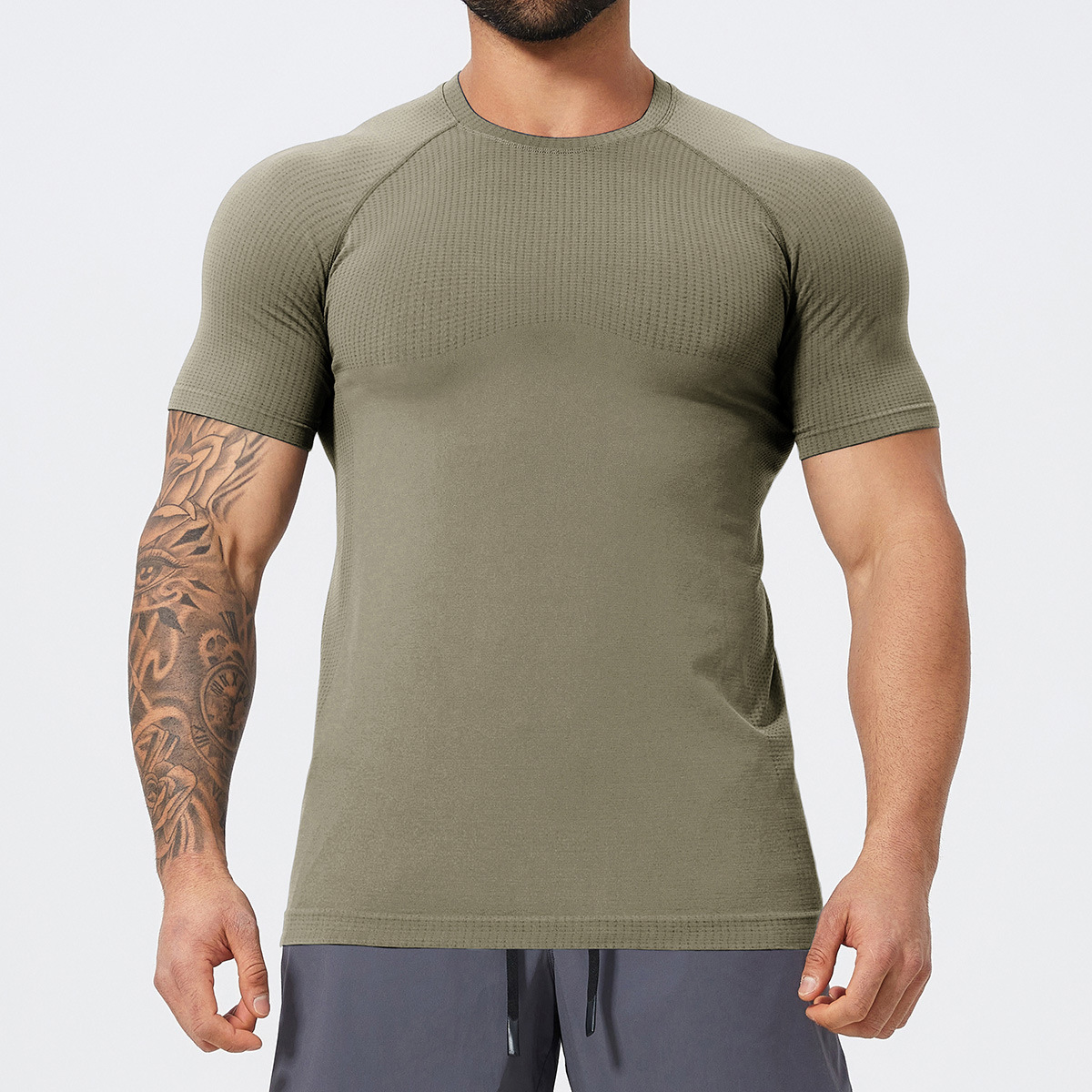 Cross-border hombre sin costuras deportivo acondicionamiento rápido secado transpirable mangas cortas yoga correr camiseta muscular delgada 7752