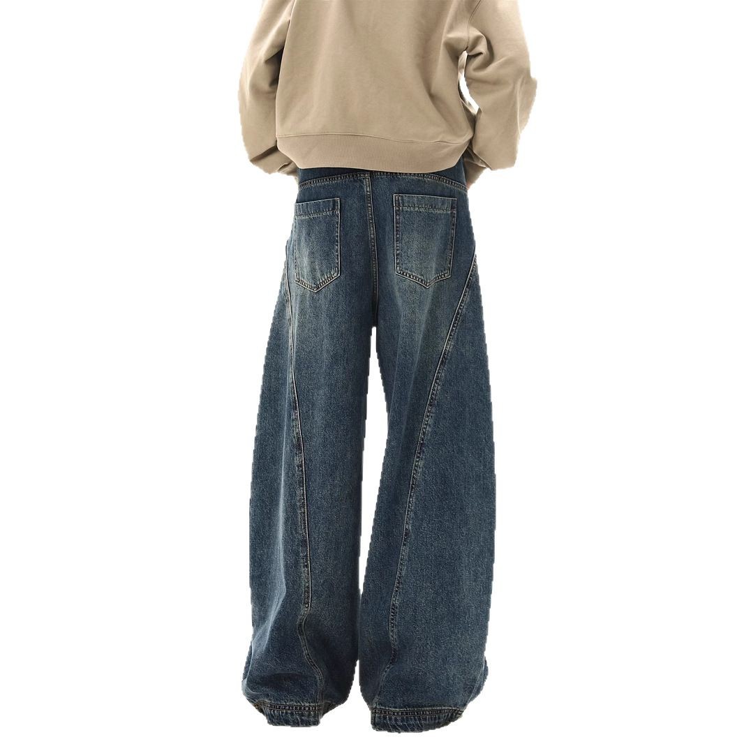 American Style Retro Cat Whisker Machete Jeans Men's High Street Loose Design Sense cleanfit Straight Leg Wide Leg Long Pants