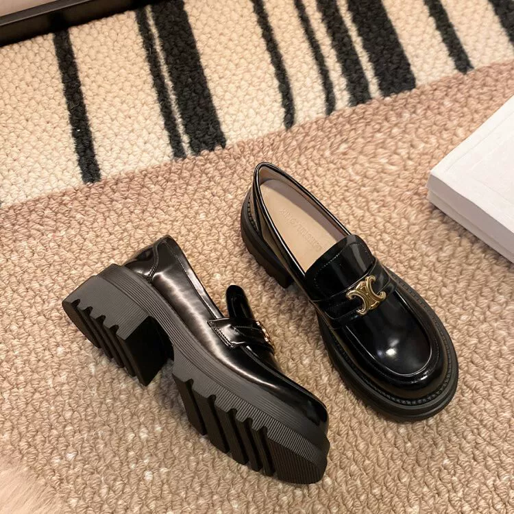 Мокасины на толстой подошве Маленькие кожаные туфли в британском стиле Arc de Triomphe Женские туфли на толстом каблуке, увеличивающие рост, черные кожаные одиночные туфли без шнуровки