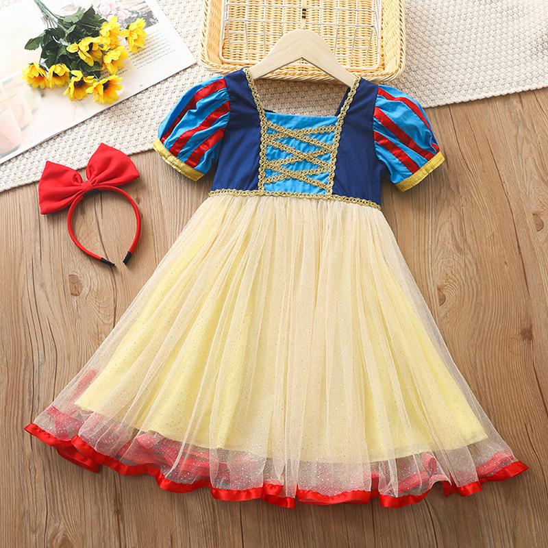 Girls' dress summer new 2022 Korean version bubble sleeve fluffy mesh snow snow princess dress
