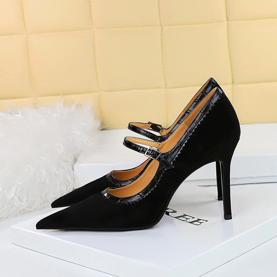 1198-6 Vintage European And American Style Black Heels, Thin Ultra High Heel, Suede, Shallow Mouth, Pointed Toe, Strap_vogvips.com
