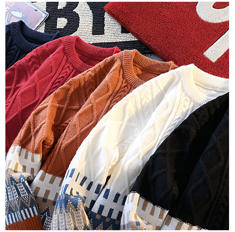 Herren-Langarm-Strickpullover, lässig, locker geschnitten, Rundhalsausschnitt, Polyester-Kaninchenwollmischung, Herbst-Winter-Mode mit Emblem-Design_voghion.com