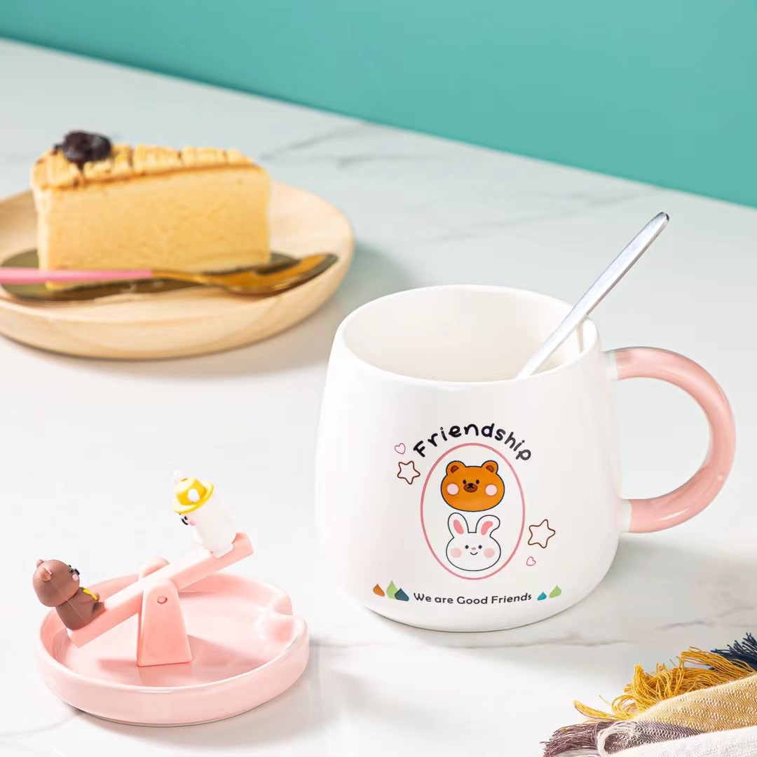 Creativo lindo conejo de dibujos animados y oso taza de café de oficina taza de café de regalo de cerámica