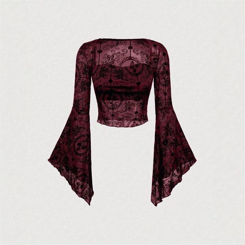 Cross-Border 2026 New Style Lace Elegant Sexy Mesh Long-Sleeve Flared Sleeve Top with a Unique Design European and American T-Shirt