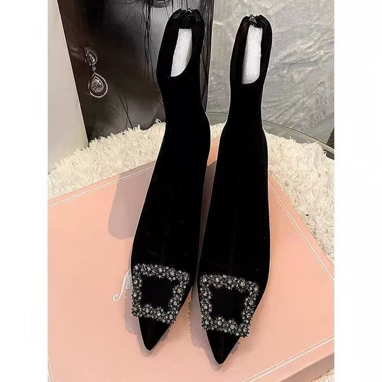Black Boots for Women in Autumn and Winter Rhinestone Pointed Toe High Heels Square Buckle New Boots Large Size Short Boots Low Heel Slim Boots