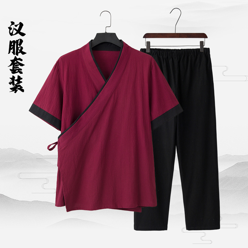 Summer Hanfu Men's Five-Quarter Sleeve Ethnic Style Monk's Clothing Tea Attire Mid-Sleeve Cardigan Set Traditional Chinese Medicine Clinic Restaurant Work Uniform
