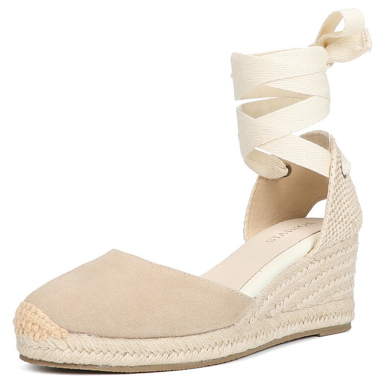 Straw Wedge Sandals for Women, Sheepskin Closed-Toe Sandals, Summer Mid-Heel Women's Sandals, 2026 New Fashion Lace-Up Elegant Style