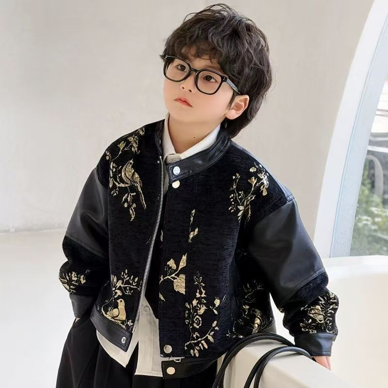 2025 otoño chaqueta de niño estilo chino guapo chaqueta de cuero de niños nuevos productos de moda ropa infantil chaqueta de cuello de niño