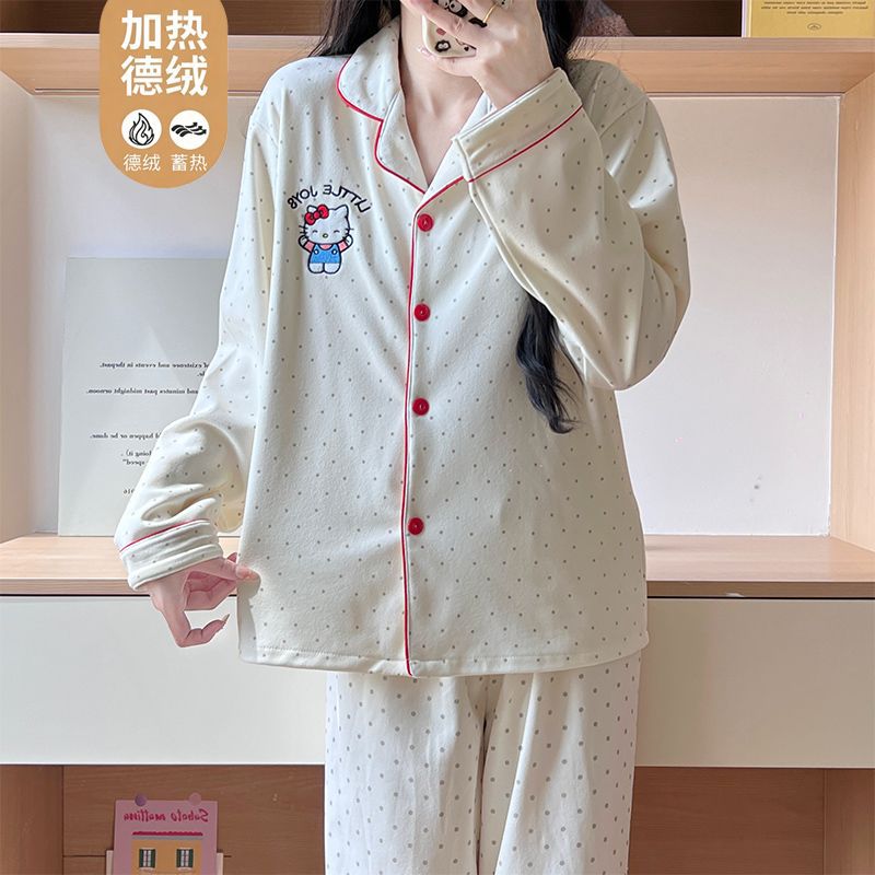 Pijamas de ternilla de mujeres otoño y invierno nuevo estilo japonés encantador conjunto de manga larga de dibujos animados gruesa ropa cálida para el hogar se puede usar fuera
