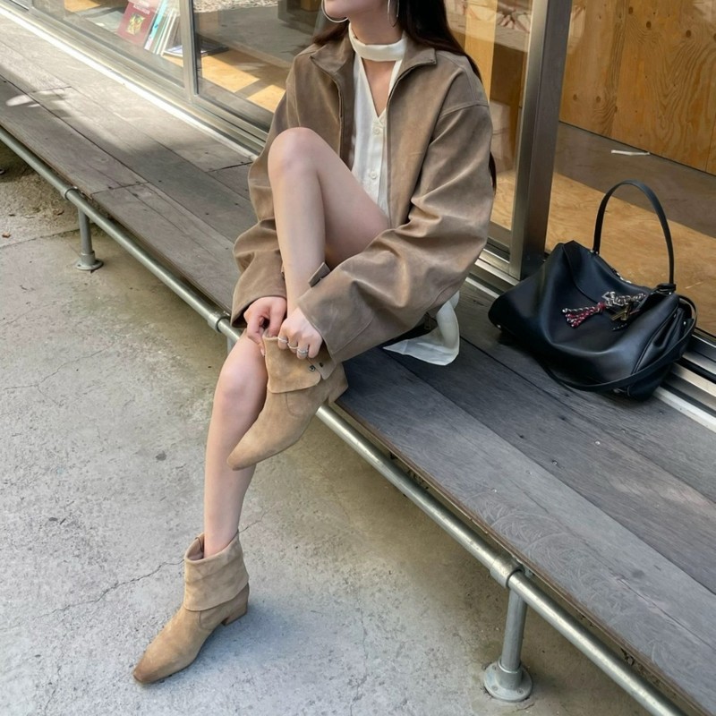 羊皮版~复古皮带扣小方头翻折两穿中筒靴西部牛仔靴女粗跟骑士靴|undefined