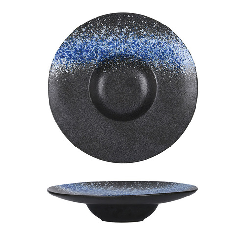 Wholesale pasta straw hat plate commercial pasta western salad plate Japanese retro ceramic plate flying saucer round deep soup plate