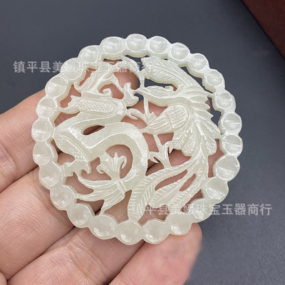 Nephrite  Green jade Hollow wire drawing prosperity brought by the dragon and the phoenix Pendant Pendant Jade Sidearms Necklace Lanyard Jade Pendant Choker
