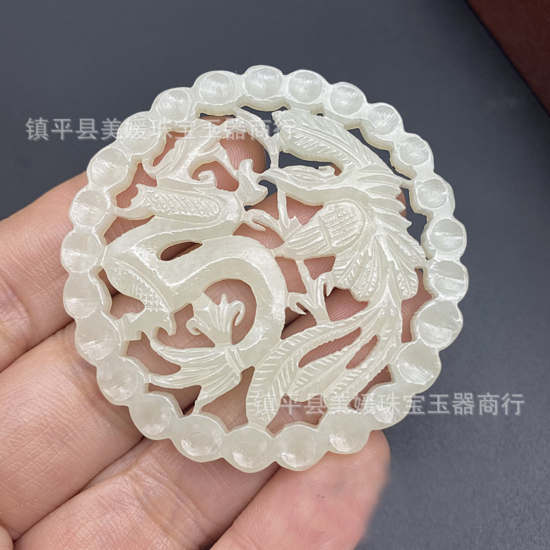 Nephrite  Green jade Hollow wire drawing prosperity brought by the dragon and the phoenix Pendant Pendant Jade Sidearms Necklace Lanyard Jade Pendant Choker