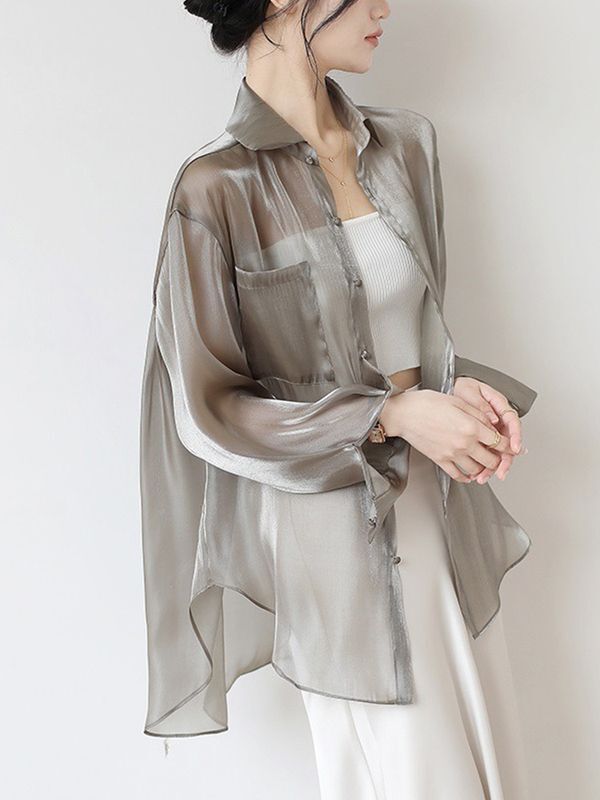 Grey Ice Silk Sunscreen Shirt Women's Summer Thin Small Shirt Coat Organza Cardigan Outer Blouse