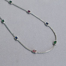 欧美时尚个性彩色长方宝石黄铜链条镀金冷艳高级感锁骨链短款项链