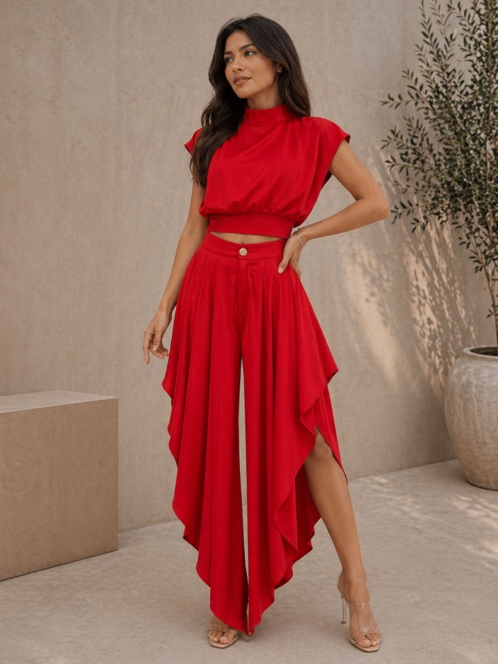 French Style Women's Niche Sleeveless Two Piece Set High Neck Cropped Top Irregular Ruffles Wide Leg Pants_ecoleips.com