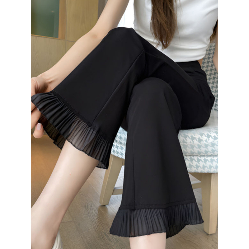 Black Ice Silk Cropped Pants for Women 2025 Summer Thin Narrow Version Slimming Plus Size Petite Casual Cropped Flared Pants