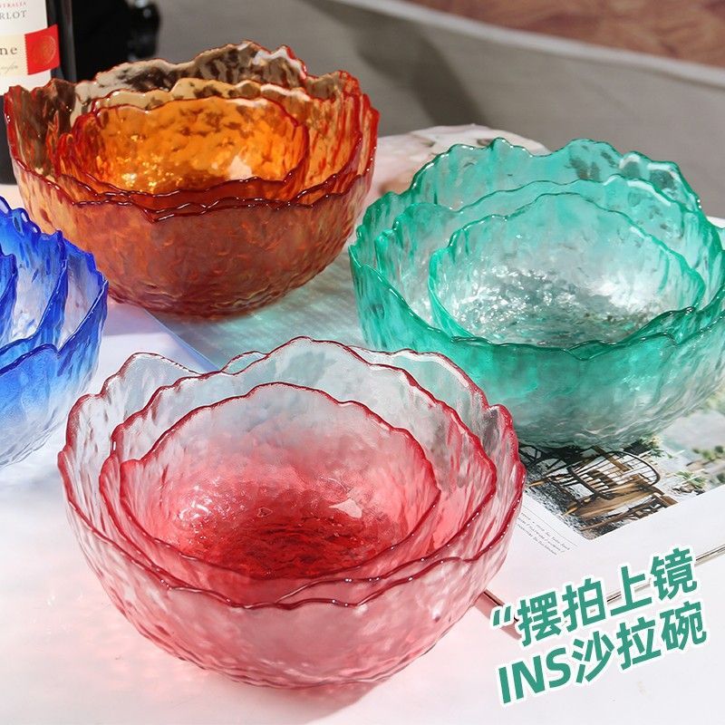 日式锤纹金边玻璃碗透明沙拉碗家用水果碗创意水果盘网红餐具套装详情7