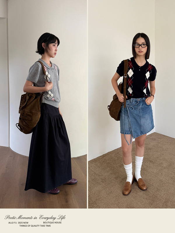 Fu miu系学院风菱格提花polo针织衫女2025秋季新款短袖羊毛衫1066|undefined
