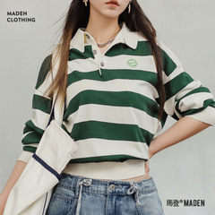 馬登復古衝突色縞POLO襟長袖tシャツニットカジュアル百合上着痩せ底シャツ秋女