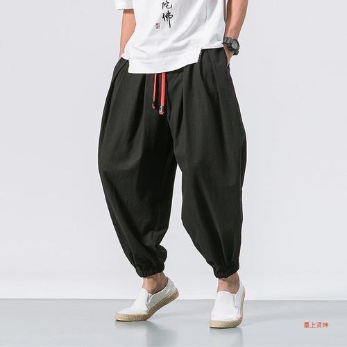 2024 New Lantern Pants Fat Super Large Code Loose Cotton Linen Tied-Angle Pants Men Wide Leg Pants Harem Nine-Tenths Casual Pants