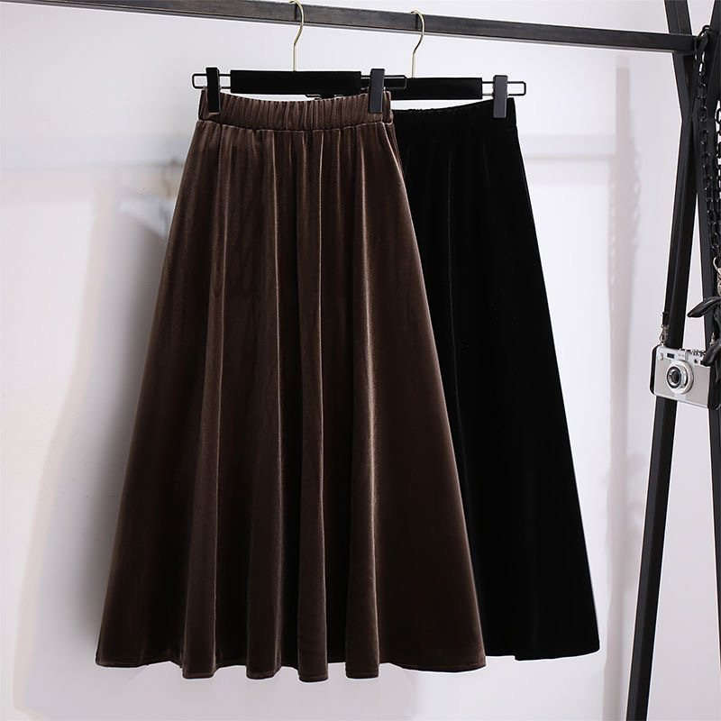 plus size 2024 Autumn and Winter New High Waist A- shaped Golden Velvet Skirt Women's chubby girl Skirt Loose Waist Slimming Long Skirt