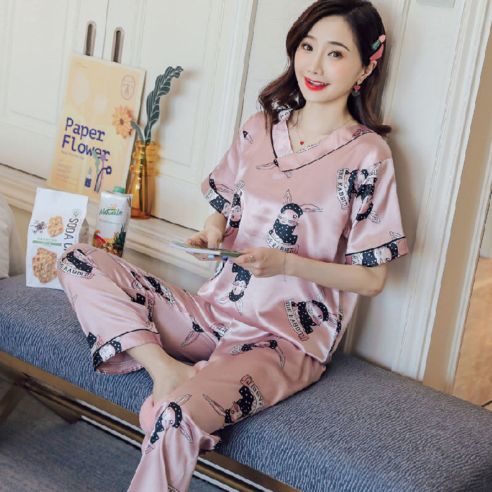 Pijama de seda de hielo para mujeres primavera y otoño corto y largo delgado dulce estilo coreano ropa de seda real dos piezas conjunto
