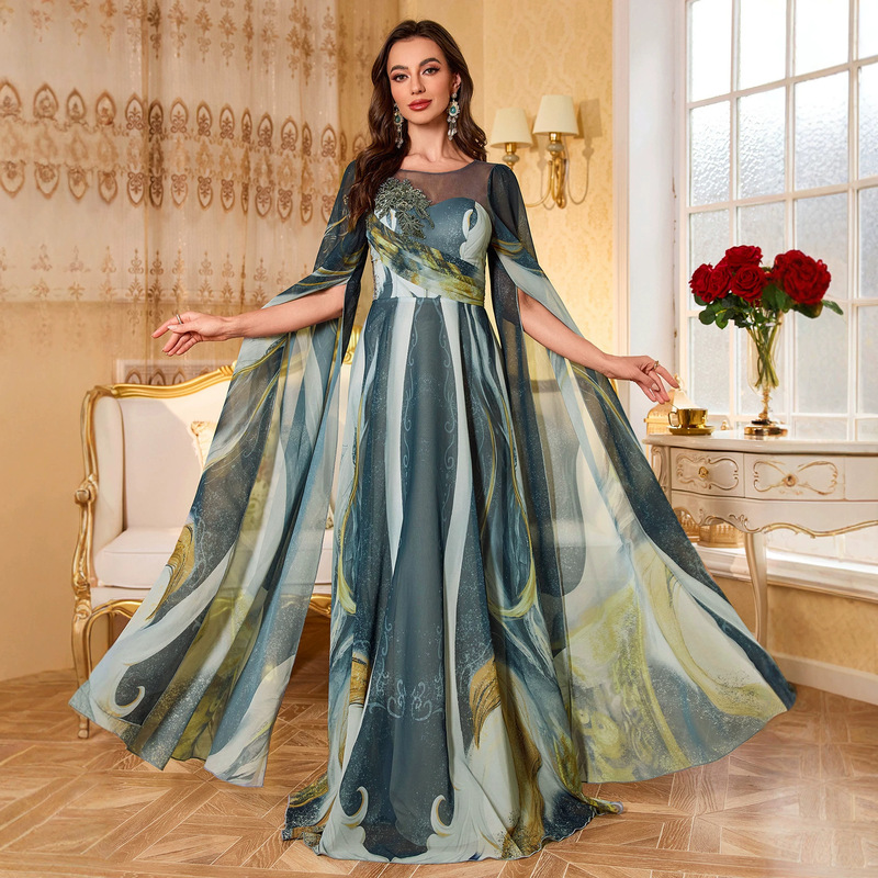 Elegant Multi-Color Chiffon Evening Gown with Round Neck, Ultra-Long Flowing Sleeves, and Luxurious Sequin Embroidery Decoration