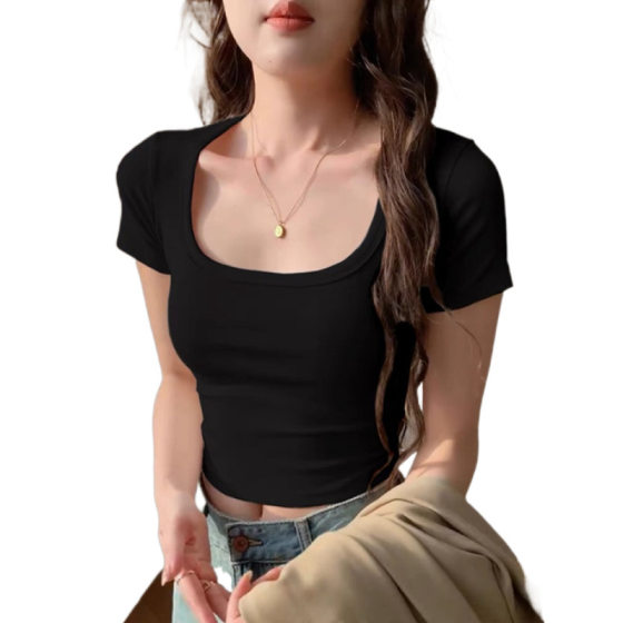 Hot Small Short Cropped U-collar Top Slim-fit Shoulder Large Neck Short-sleeved T-shirt Women's 2025 New Summer