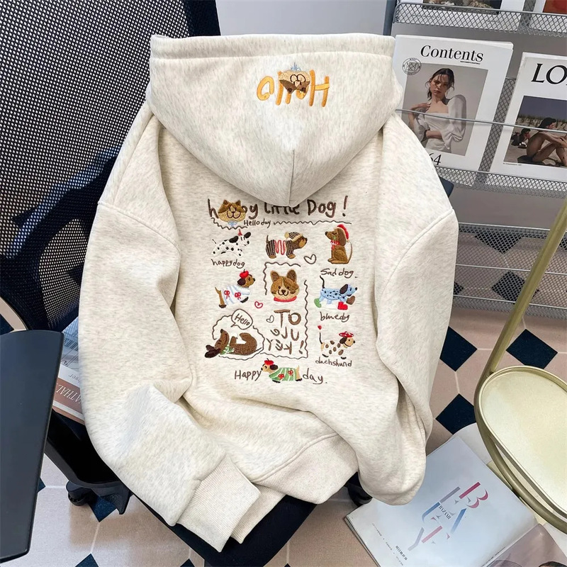 Korean Fashion New Heavy Embroidery Dog Hooded Sweatshirt for Women Autumn and Winter Retro Age-Reducing Cute Fleece-Lined Jacket Thin