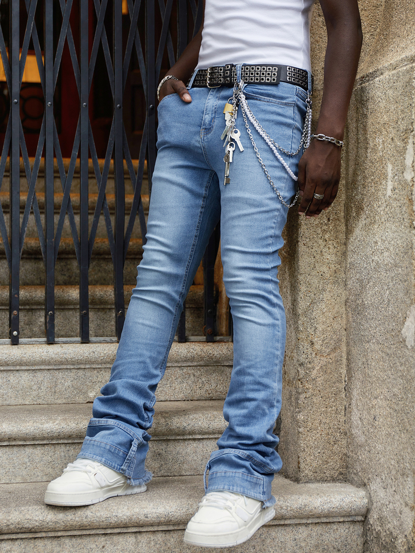 Men's Straight Leg Jeans Midweight Stretch Patch Denim Mid Waist Long Trousers Street Style Instagram Popular_mkmklike.com